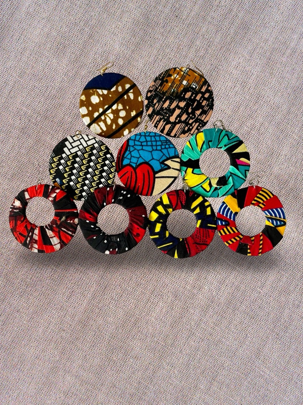9 Single Ankara Cloth Hoop Disc Hook Earrings with Black Fold over Travel Pouch